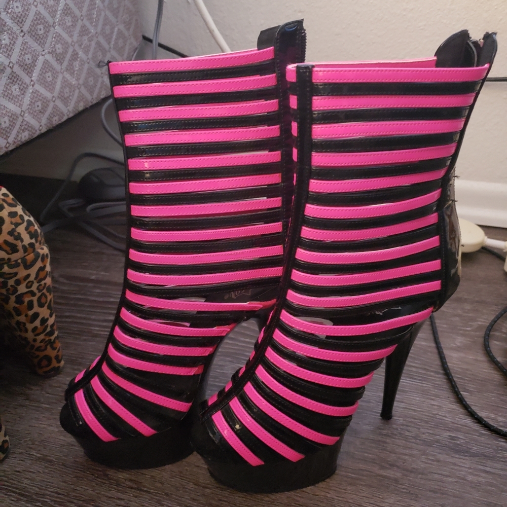 Pleaser Pink and Black Strappy Stilettos